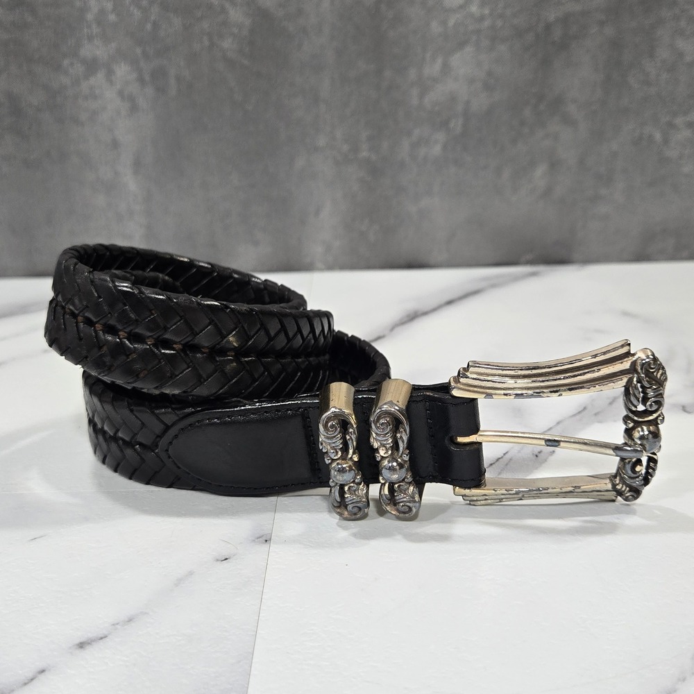 Vintage Brighton Woven Leather Belt Womens 34 Black Silver Ornate Buckle 97083